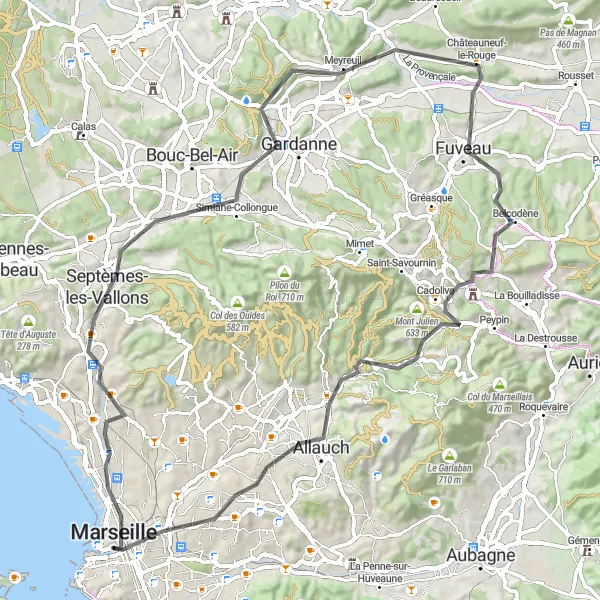 Karten-Miniaturansicht der Radinspiration "Hügelige Fahrt um Marseille" in Provence-Alpes-Côte d’Azur, France. Erstellt vom Tarmacs.app-Routenplaner für Radtouren