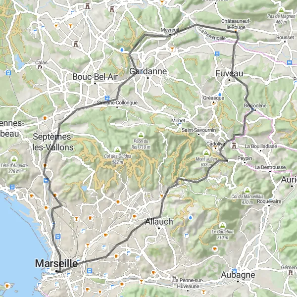 Kartminiatyr av "Jardin Pierre Puget til Toit-terrasse de la Friche via Septèmes-les-Vallons og Cadolive" sykkelinspirasjon i Provence-Alpes-Côte d’Azur, France. Generert av Tarmacs.app sykkelrutoplanlegger