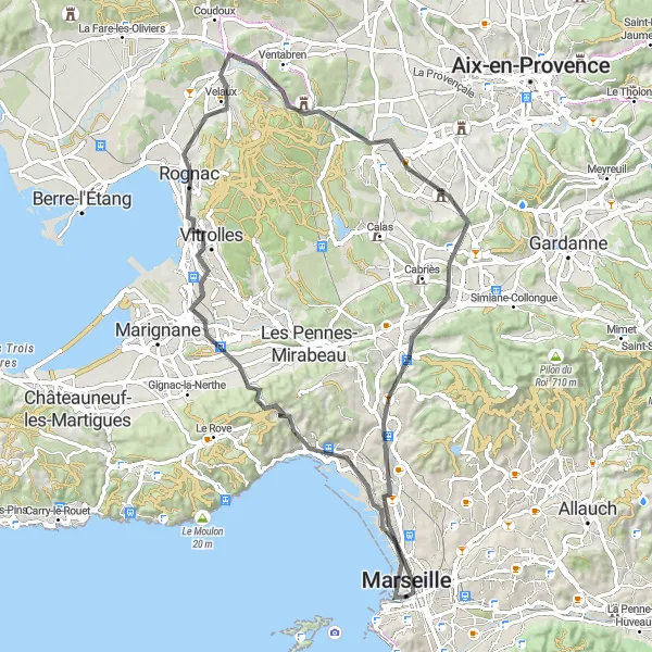 Miniaturní mapa "Okružní cyklistická trasa z Marseille" inspirace pro cyklisty v oblasti Provence-Alpes-Côte d’Azur, France. Vytvořeno pomocí plánovače tras Tarmacs.app