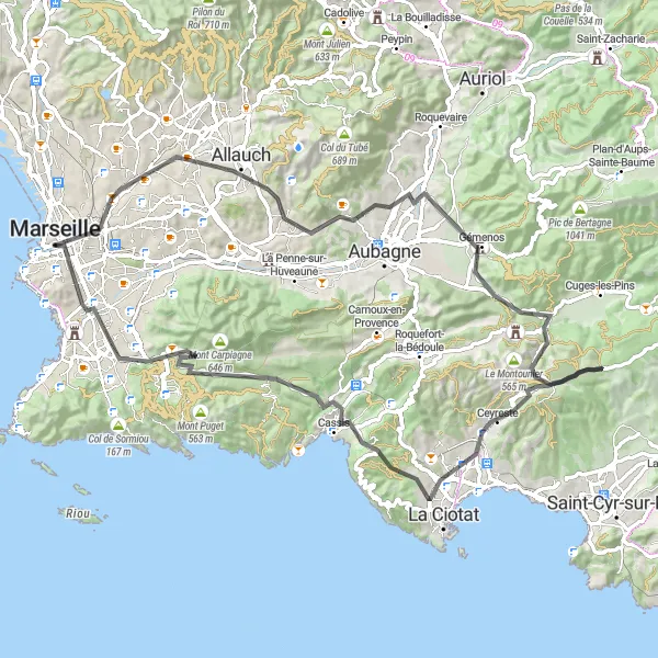 Miniatua del mapa de inspiración ciclista "Ruta de los Montes de la Gineste" en Provence-Alpes-Côte d’Azur, France. Generado por Tarmacs.app planificador de rutas ciclistas