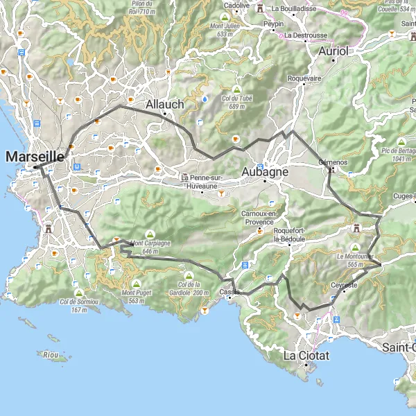 Miniaturní mapa "Scenic Road Cycling Loop near Marseille" inspirace pro cyklisty v oblasti Provence-Alpes-Côte d’Azur, France. Vytvořeno pomocí plánovače tras Tarmacs.app