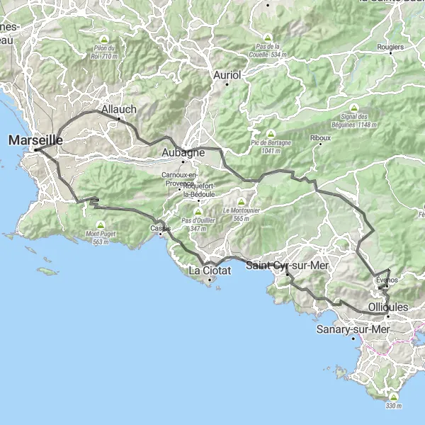 Kartminiatyr av "Marseille till Monts de la Gineste" cykelinspiration i Provence-Alpes-Côte d’Azur, France. Genererad av Tarmacs.app cykelruttplanerare