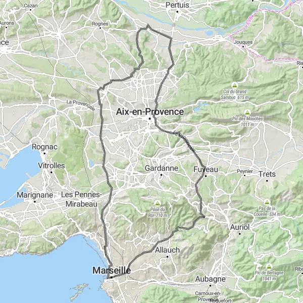 Mapa miniatúra "Výlet do okolia Marseille" cyklistická inšpirácia v Provence-Alpes-Côte d’Azur, France. Vygenerované cyklistickým plánovačom trás Tarmacs.app