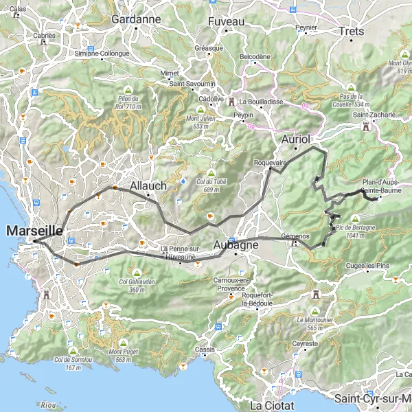 Zemljevid v pomanjšavi "Pretanjanje od Marseille do Jardin Pierre Puget" kolesarske inspiracije v Provence-Alpes-Côte d’Azur, France. Generirano z načrtovalcem kolesarskih poti Tarmacs.app