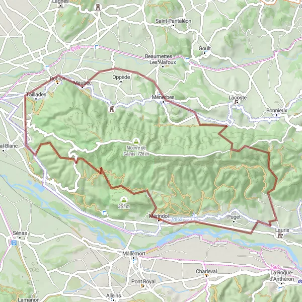 Kartminiatyr av "Ménerbes til Taillades Grusvei Sykkeltur" sykkelinspirasjon i Provence-Alpes-Côte d’Azur, France. Generert av Tarmacs.app sykkelrutoplanlegger