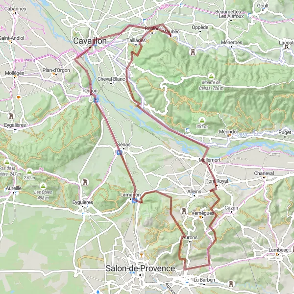 Miniatua del mapa de inspiración ciclista "Ruta de grava a Mallemort y Orgon" en Provence-Alpes-Côte d’Azur, France. Generado por Tarmacs.app planificador de rutas ciclistas