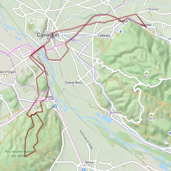 Miniatua del mapa de inspiración ciclista "Ruta de grava a Orgon y Saint-Véran" en Provence-Alpes-Côte d’Azur, France. Generado por Tarmacs.app planificador de rutas ciclistas