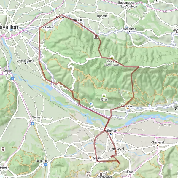 Miniaturní mapa "Štěrková trasa kolem Maubec" inspirace pro cyklisty v oblasti Provence-Alpes-Côte d’Azur, France. Vytvořeno pomocí plánovače tras Tarmacs.app