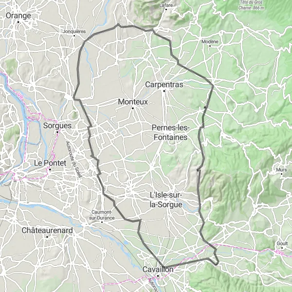 Mapa miniatúra "Cyklotrasa cez Beaumes-de-Venise" cyklistická inšpirácia v Provence-Alpes-Côte d’Azur, France. Vygenerované cyklistickým plánovačom trás Tarmacs.app