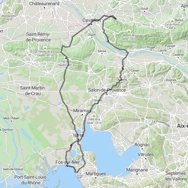 Miniatua del mapa de inspiración ciclista "Ruta de carretera a Aureille y Eygalières" en Provence-Alpes-Côte d’Azur, France. Generado por Tarmacs.app planificador de rutas ciclistas
