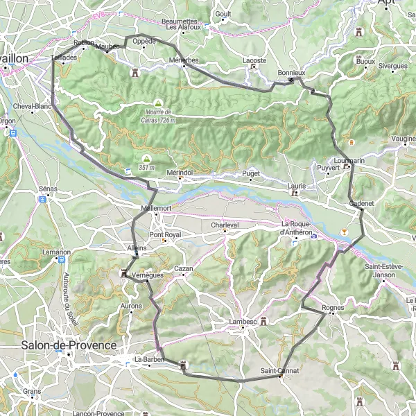 Zemljevid v pomanjšavi "Kolesarska tura Bonnieux - Robion" kolesarske inspiracije v Provence-Alpes-Côte d’Azur, France. Generirano z načrtovalcem kolesarskih poti Tarmacs.app