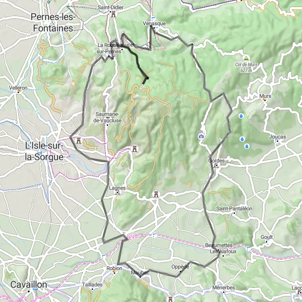 Mapa miniatúra "Trasa cez Gordes a Venasque" cyklistická inšpirácia v Provence-Alpes-Côte d’Azur, France. Vygenerované cyklistickým plánovačom trás Tarmacs.app