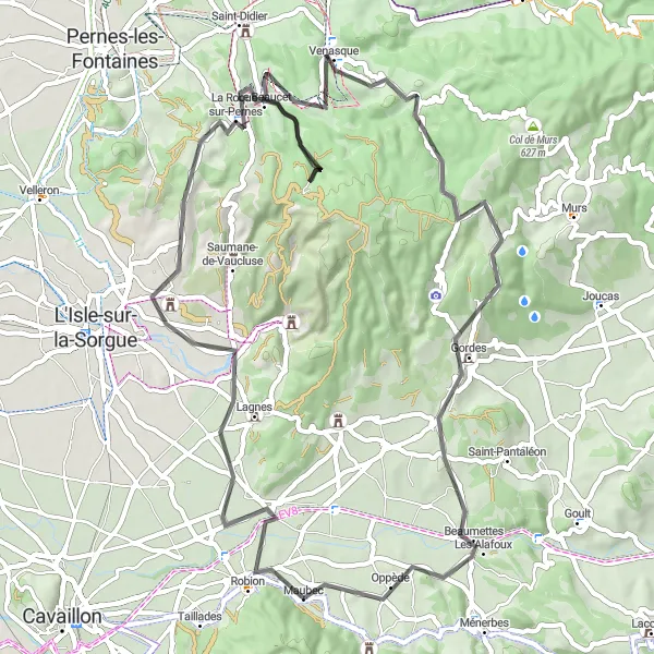 Miniaturní mapa "Okružní cesta Robion - Oppède" inspirace pro cyklisty v oblasti Provence-Alpes-Côte d’Azur, France. Vytvořeno pomocí plánovače tras Tarmacs.app