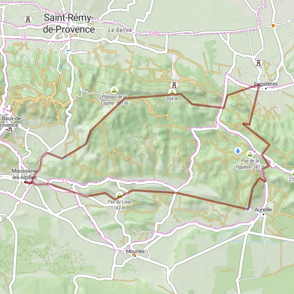 Map miniature of "Gravel Adventure through Alpilles" cycling inspiration in Provence-Alpes-Côte d’Azur, France. Generated by Tarmacs.app cycling route planner