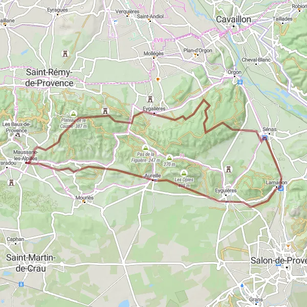 Map miniature of "Provençal Gravel Escapade" cycling inspiration in Provence-Alpes-Côte d’Azur, France. Generated by Tarmacs.app cycling route planner