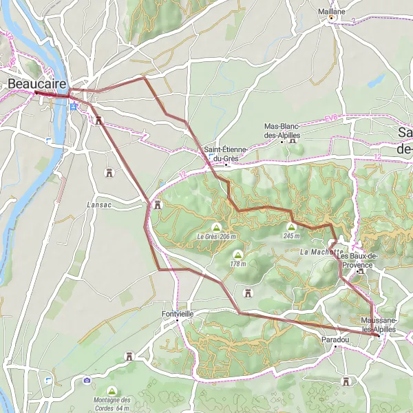 Miniatua del mapa de inspiración ciclista "Ruta de Grava a Beaucaire y Saint-Étienne-du-Grès" en Provence-Alpes-Côte d’Azur, France. Generado por Tarmacs.app planificador de rutas ciclistas