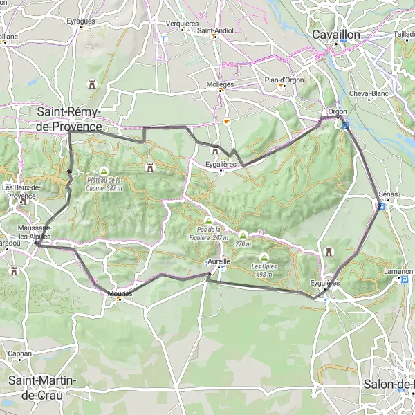 Miniatua del mapa de inspiración ciclista "Ruta en Carretera a Orgon y Eyguières" en Provence-Alpes-Côte d’Azur, France. Generado por Tarmacs.app planificador de rutas ciclistas