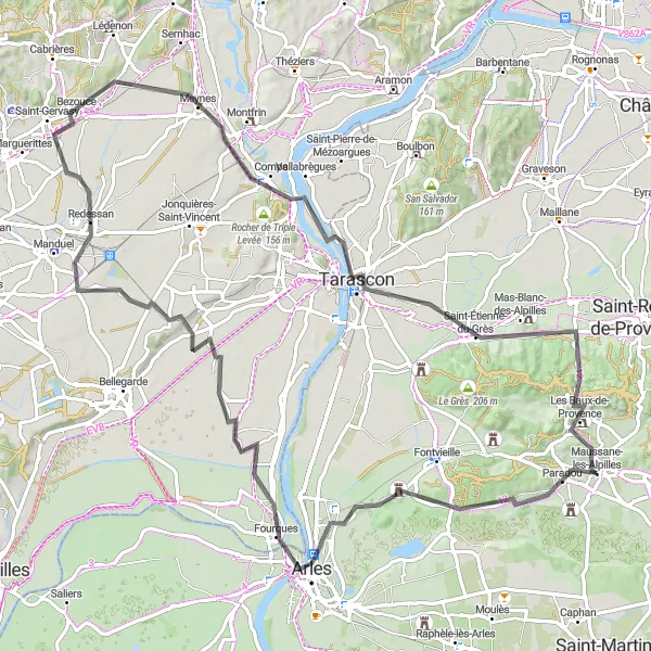 Miniatua del mapa de inspiración ciclista "Ruta Escénica a Tarascon y Les Baux-de-Provence" en Provence-Alpes-Côte d’Azur, France. Generado por Tarmacs.app planificador de rutas ciclistas