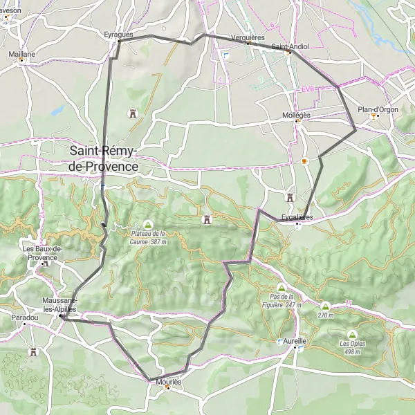 Miniatua del mapa de inspiración ciclista "Ruta Escénica por Alpilles" en Provence-Alpes-Côte d’Azur, France. Generado por Tarmacs.app planificador de rutas ciclistas