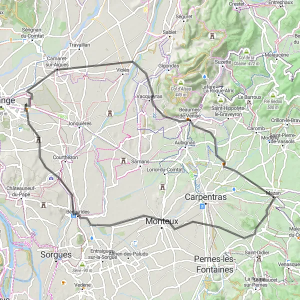 Miniatua del mapa de inspiración ciclista "Viaje de Mazan a Beaumes-de-Venise" en Provence-Alpes-Côte d’Azur, France. Generado por Tarmacs.app planificador de rutas ciclistas