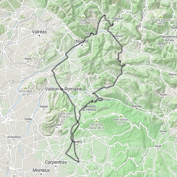 Zemljevid v pomanjšavi "Epic Cycling Adventure in Vaison-la-Romaine" kolesarske inspiracije v Provence-Alpes-Côte d’Azur, France. Generirano z načrtovalcem kolesarskih poti Tarmacs.app