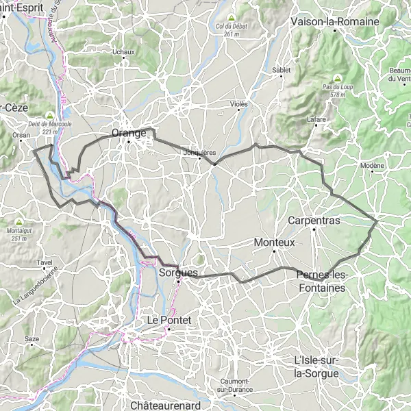 Miniaturní mapa "Prozkoumání okolí Mazanu" inspirace pro cyklisty v oblasti Provence-Alpes-Côte d’Azur, France. Vytvořeno pomocí plánovače tras Tarmacs.app