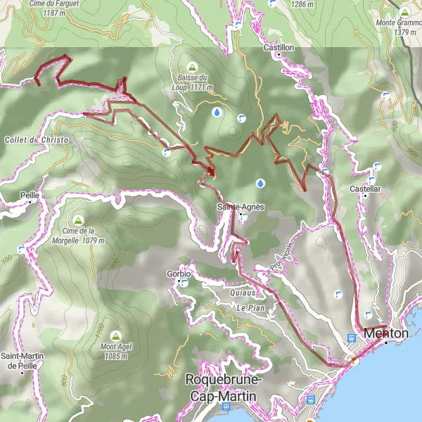 Mapa miniatúra "Gravelová cyklotrasa po okolí Mentonu" cyklistická inšpirácia v Provence-Alpes-Côte d’Azur, France. Vygenerované cyklistickým plánovačom trás Tarmacs.app