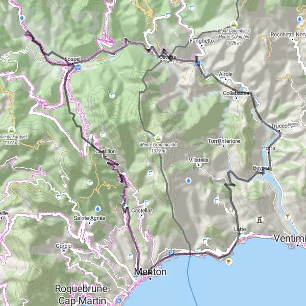 Zemljevid v pomanjšavi "Kolesarska pot iz Mentona" kolesarske inspiracije v Provence-Alpes-Côte d’Azur, France. Generirano z načrtovalcem kolesarskih poti Tarmacs.app