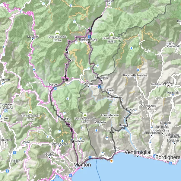 Mapa miniatúra "Okruh z Mentonu do Grimaldi Inferiore a späť" cyklistická inšpirácia v Provence-Alpes-Côte d’Azur, France. Vygenerované cyklistickým plánovačom trás Tarmacs.app