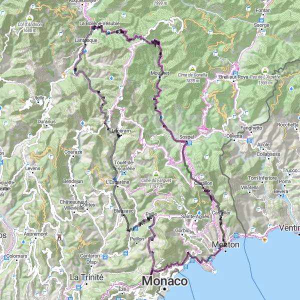 Zemljevid v pomanjšavi "Ultimativni izziv Alp nad Azurno obalo" kolesarske inspiracije v Provence-Alpes-Côte d’Azur, France. Generirano z načrtovalcem kolesarskih poti Tarmacs.app