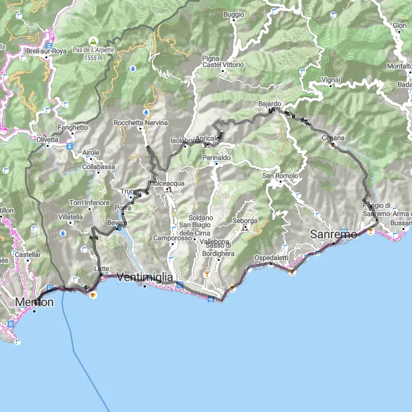 Mapa miniatúra "Okruh na bicykli s výstupom cez Cima d'Aurin" cyklistická inšpirácia v Provence-Alpes-Côte d’Azur, France. Vygenerované cyklistickým plánovačom trás Tarmacs.app