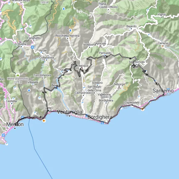 Miniaturní mapa "Z Mentonu do Ventimiglie a zpět" inspirace pro cyklisty v oblasti Provence-Alpes-Côte d’Azur, France. Vytvořeno pomocí plánovače tras Tarmacs.app