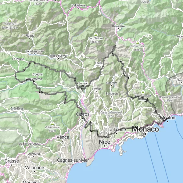 Karttaminiaatyyri "Näköalareitti Rivieran kukkuloilla" pyöräilyinspiraatiosta alueella Provence-Alpes-Côte d’Azur, France. Luotu Tarmacs.app pyöräilyreittisuunnittelijalla