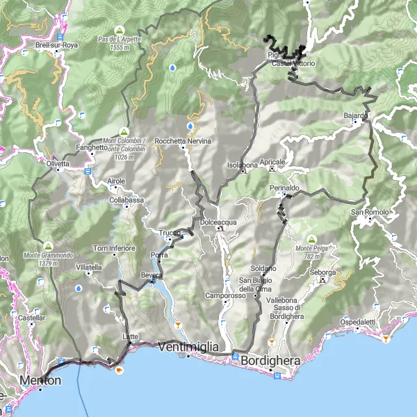 Karttaminiaatyyri "Haastava reitti Ligurian kukkuloilla" pyöräilyinspiraatiosta alueella Provence-Alpes-Côte d’Azur, France. Luotu Tarmacs.app pyöräilyreittisuunnittelijalla