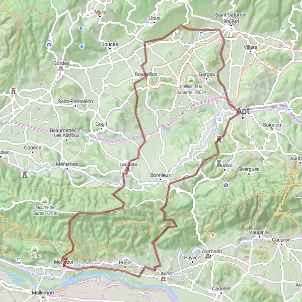 Map miniature of "Epic Gravel Route to Lavender Fields, Lacoste, and Belvédère" cycling inspiration in Provence-Alpes-Côte d’Azur, France. Generated by Tarmacs.app cycling route planner