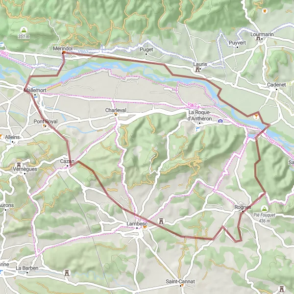 Map miniature of "The Gravel Loop from Mérindol" cycling inspiration in Provence-Alpes-Côte d’Azur, France. Generated by Tarmacs.app cycling route planner