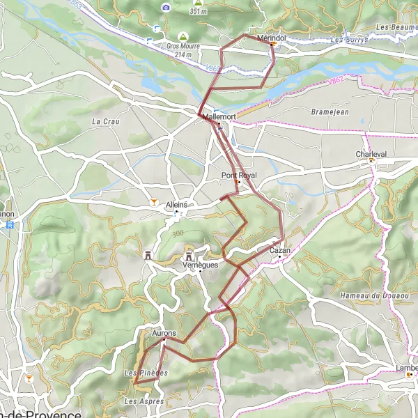 Map miniature of "Gravel Route to Aurons, Mallemort, and Mérindol" cycling inspiration in Provence-Alpes-Côte d’Azur, France. Generated by Tarmacs.app cycling route planner