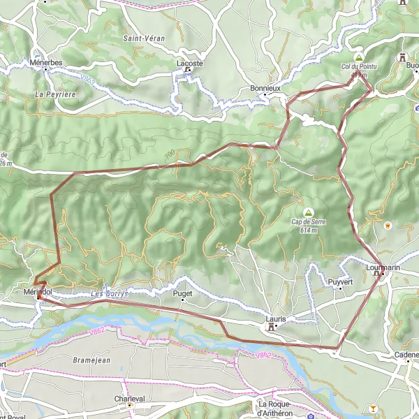 Kartminiatyr av "Grusvägscykling från Mérindol till Lauris" cykelinspiration i Provence-Alpes-Côte d’Azur, France. Genererad av Tarmacs.app cykelruttplanerare