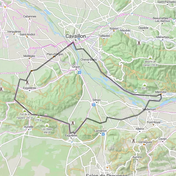 Mapa miniatúra "Cyklostrasa do Cheval-Blanc s 363 m prevýšením a vzdialenosťou 63 km" cyklistická inšpirácia v Provence-Alpes-Côte d’Azur, France. Vygenerované cyklistickým plánovačom trás Tarmacs.app