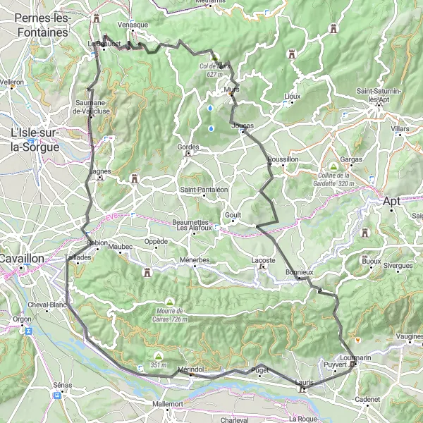 Map miniature of "Captivating Road Route to Gros Mourre, Lagnes, and Lourmarin" cycling inspiration in Provence-Alpes-Côte d’Azur, France. Generated by Tarmacs.app cycling route planner
