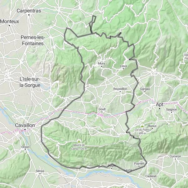 Karttaminiaatyyri "Kohti uskomattomia näkymiä Provencessa" pyöräilyinspiraatiosta alueella Provence-Alpes-Côte d’Azur, France. Luotu Tarmacs.app pyöräilyreittisuunnittelijalla