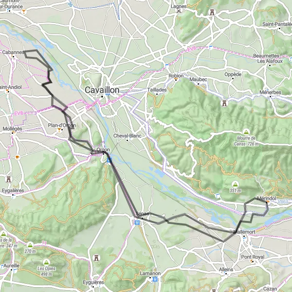 Map miniature of "Scenic Road Route to Plan-d'Orgon, Cabannes, and Mallemort" cycling inspiration in Provence-Alpes-Côte d’Azur, France. Generated by Tarmacs.app cycling route planner