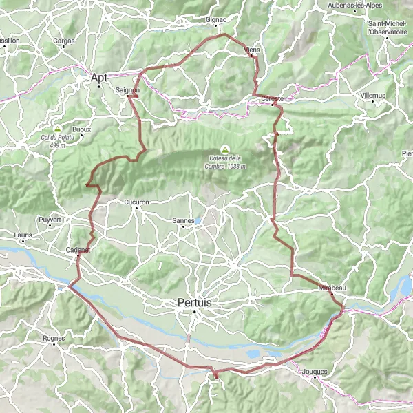 Miniatua del mapa de inspiración ciclista "Ruta por Saignon y Céreste" en Provence-Alpes-Côte d’Azur, France. Generado por Tarmacs.app planificador de rutas ciclistas