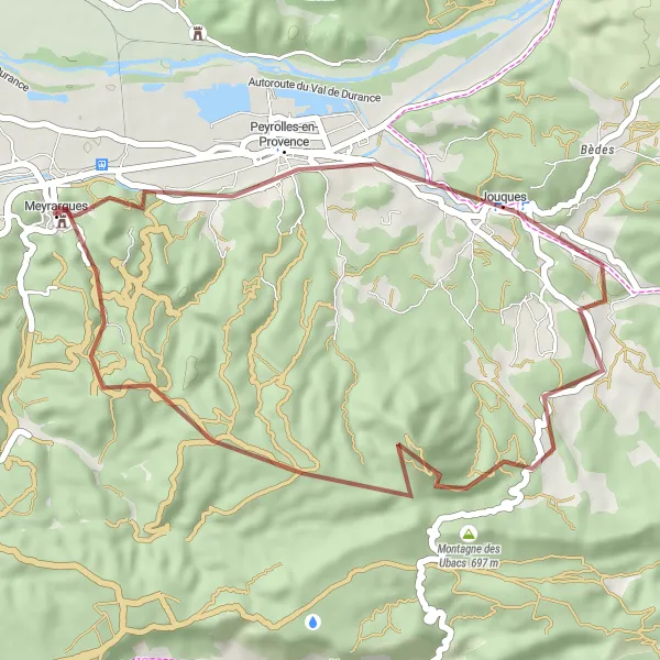 Map miniature of "Gravel Adventure with Meyrargues and Grand Sambuc" cycling inspiration in Provence-Alpes-Côte d’Azur, France. Generated by Tarmacs.app cycling route planner