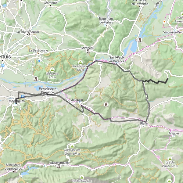 Miniaturní mapa "Okruh kolem Meyrargues" inspirace pro cyklisty v oblasti Provence-Alpes-Côte d’Azur, France. Vytvořeno pomocí plánovače tras Tarmacs.app