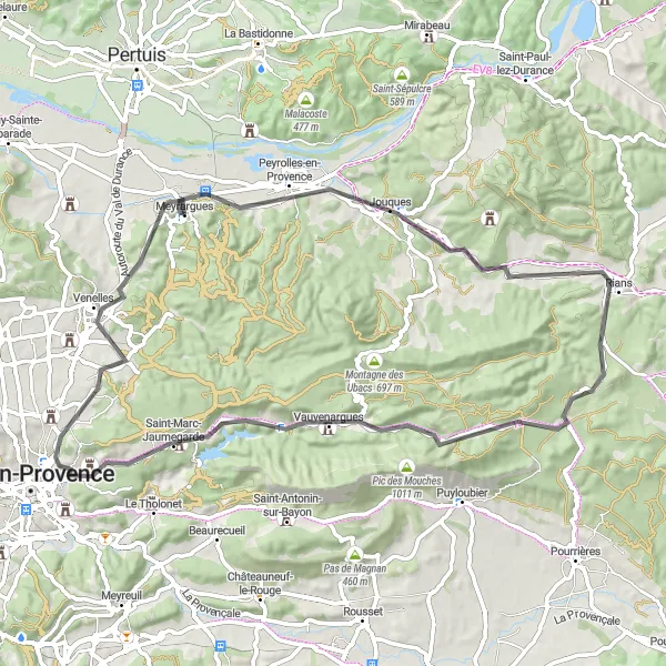 Miniatua del mapa de inspiración ciclista "Vauvenargues y Belvédère du lac" en Provence-Alpes-Côte d’Azur, France. Generado por Tarmacs.app planificador de rutas ciclistas