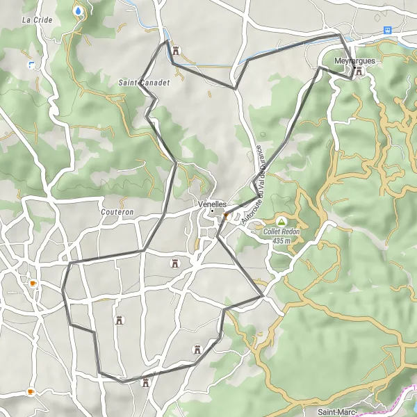 Miniaturní mapa "Okruh kolem Meyrargues" inspirace pro cyklisty v oblasti Provence-Alpes-Côte d’Azur, France. Vytvořeno pomocí plánovače tras Tarmacs.app