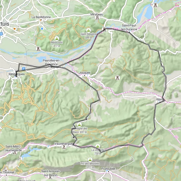 Kartminiatyr av "Peyrolles-en-Provence til Jouques" sykkelinspirasjon i Provence-Alpes-Côte d’Azur, France. Generert av Tarmacs.app sykkelrutoplanlegger