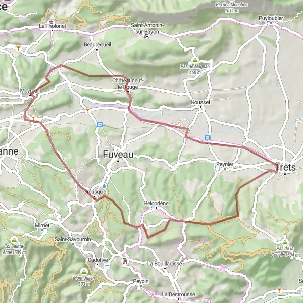 Miniaturní mapa "Gravelová cyklotrasa kolem Meyreuilu" inspirace pro cyklisty v oblasti Provence-Alpes-Côte d’Azur, France. Vytvořeno pomocí plánovače tras Tarmacs.app