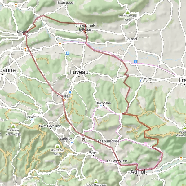 Mapa miniatúra "Gravel do okolia Meyreuil" cyklistická inšpirácia v Provence-Alpes-Côte d’Azur, France. Vygenerované cyklistickým plánovačom trás Tarmacs.app